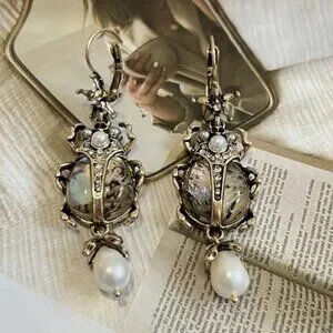 NEW Ornate Antique Gold Baroque Pearl Beetle Scarab Drop Earrings